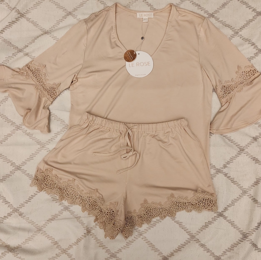 Le‎ Rose 2PC Pajama Set XS/Small Light Dusty Rose Lace Trim Bridal Sleepwear NWT